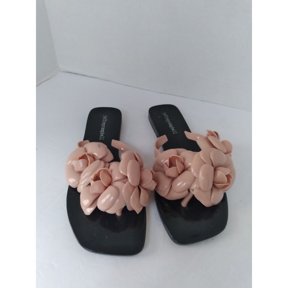 Jeffrey‎ Campbell Floral Slides Sandals with Pink Rose Detail Black Square Toe